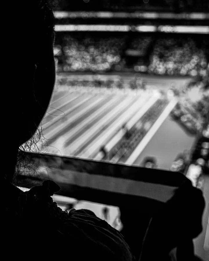Dans les tribunes — Un spectateur au premier plan, le stade derrière, entièrement flou.