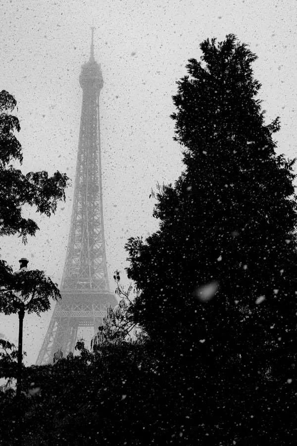 La tour sous la neige — Le 21 novembre 2024, la neige tient une heure sur Paris. La tour disparaît à moi