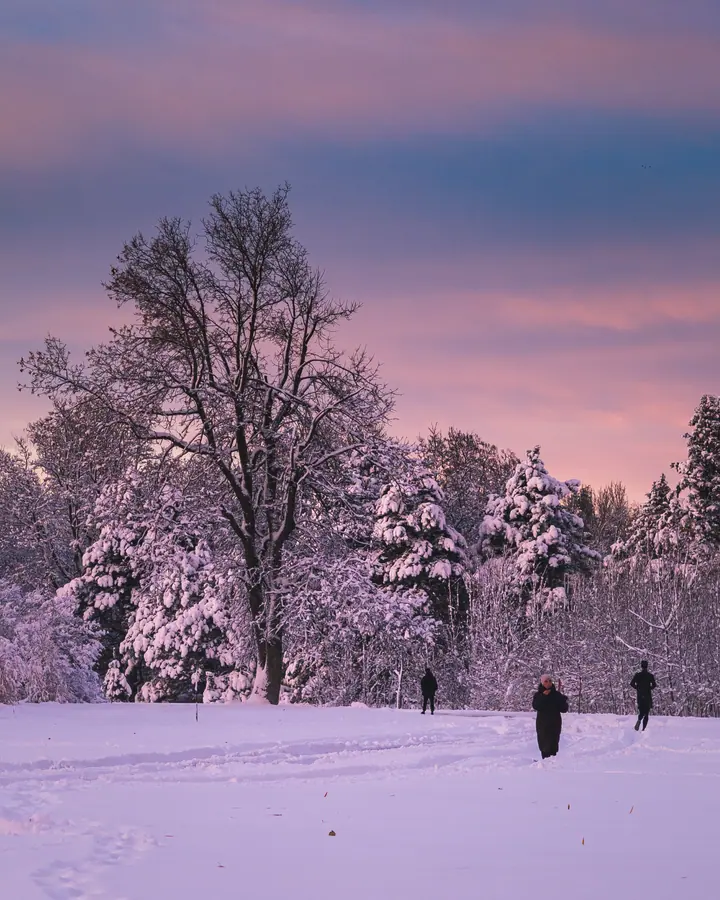 Le soir, violet — Vingt minutes après le coucher, la neige prend le violet du ciel. Trois marcheur