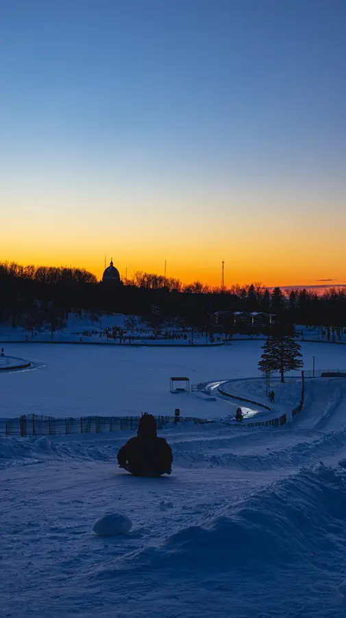 Le Mont-Royal, heure bleue — Le Mont-Royal à la tombée du jour. Une silhouette assise dans la neige, l'oratoi