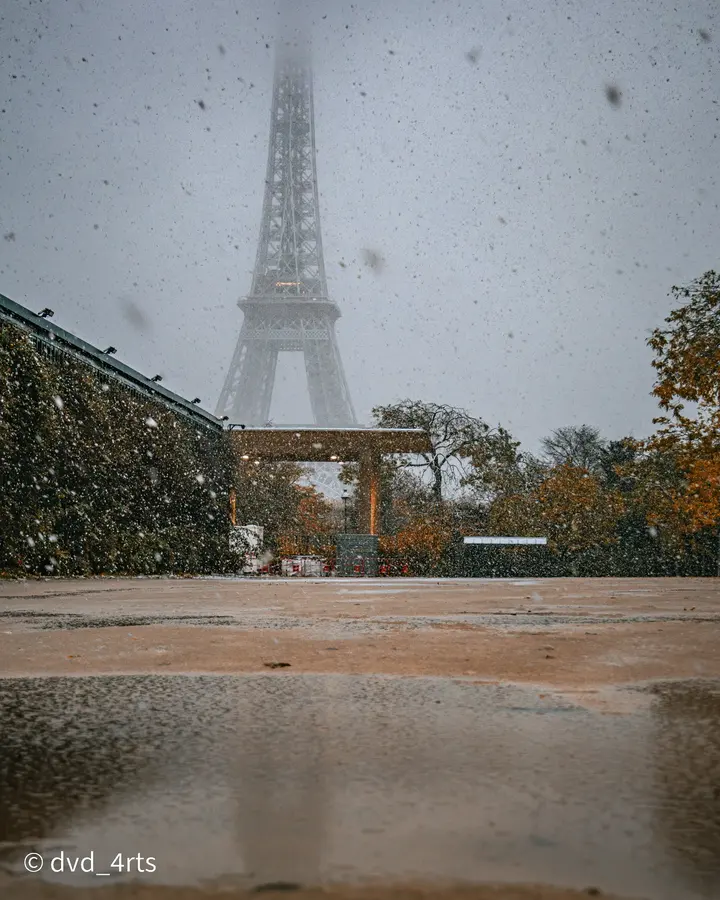 L'esplanade — L'esplanade détrempée, les arbres encore roux, et la neige qui tient déjà sur l'
