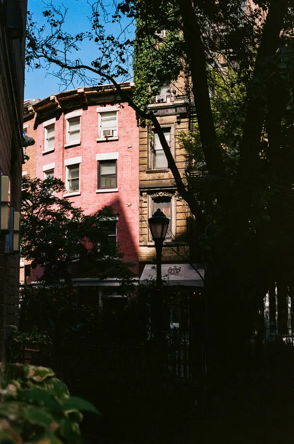 La maison rose — Une façade prise dans l'ombre des arbres, un réverbère, et une lumière qui ne du